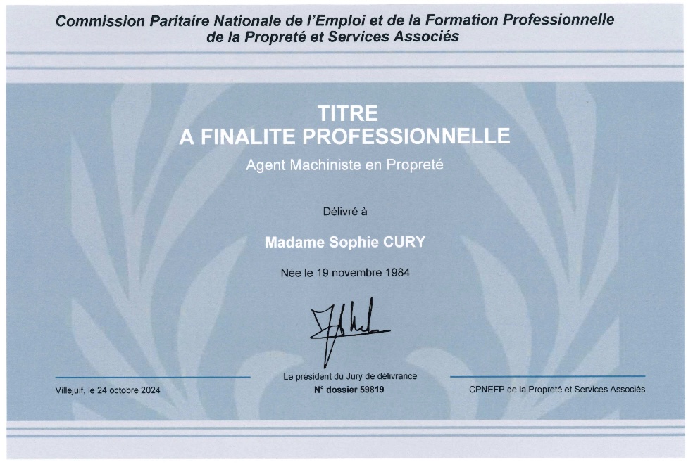 Certification Agent Machiniste en Propreté